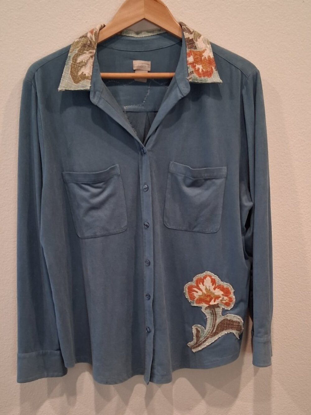 Chico's Upcycled Blue Faux Suede Tapestry Collar Crochet Lace Back Shirt 3 / XL